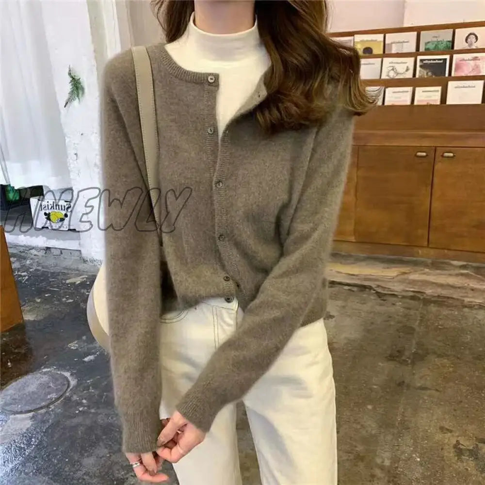 Hnewly Cashmere Sweater Cardigan Women Single Breasted Long Sleeve Elegant Vintage Jumper Solid
