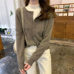 Hnewly Cashmere Sweater Cardigan Women Single Breasted Long Sleeve Elegant Vintage Jumper Solid