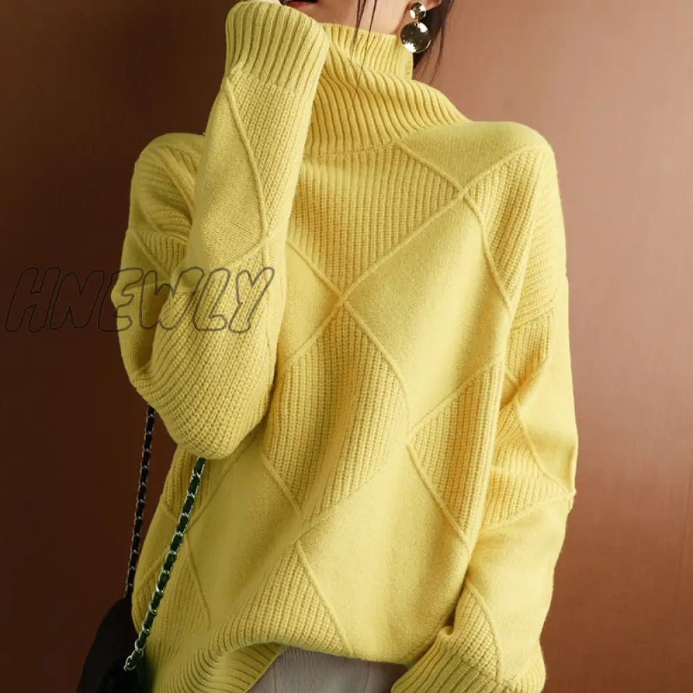 Hnewly Cashmere Sweater Women Turtleneck Pure Color Knitted Pullover 100% Wool Loose Large Size
