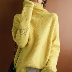 Hnewly Cashmere Sweater Women Turtleneck Pure Color Knitted Pullover 100% Wool Loose Large Size
