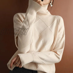 Hnewly Cashmere Sweater Women Turtleneck Pure Color Knitted Pullover 100% Wool Loose Large Size