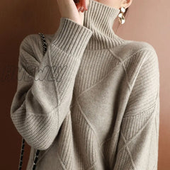 Hnewly Cashmere Sweater Women Turtleneck Pure Color Knitted Pullover 100% Wool Loose Large Size
