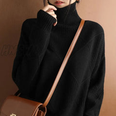Hnewly Cashmere Sweater Women Turtleneck Pure Color Knitted Pullover 100% Wool Loose Large Size