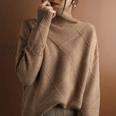 Hnewly Cashmere Sweater Women Turtleneck Pure Color Knitted Pullover 100% Wool Loose Large Size
