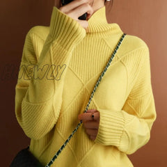 Hnewly Cashmere Sweater Women Turtleneck Pure Color Knitted Pullover 100% Wool Loose Large Size