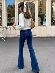 Hnewly Casual Bell Bottom Pants Jeans For Women Blue Elastic Fashion Y2K Trousers Autumn New High