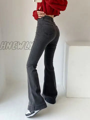 Hnewly Casual Bell Bottom Pants Jeans For Women Blue Elastic Fashion Y2K Trousers Autumn New High