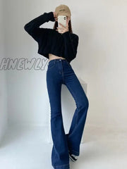 Hnewly Casual Bell Bottom Pants Jeans For Women Blue Elastic Fashion Y2K Trousers Autumn New High