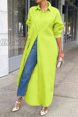 Hnewly - Casual Buttons Long Sleeve Shirt Dress Dresses(5 Colors) Fluorescent Green / S