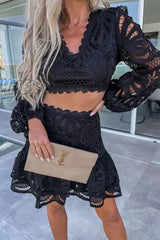 Hnewly - Casual Celebrities Solid Hollowed Out V Neck Long Sleeve Two Pieces Pieces/Two-Piece Dress