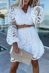 Hnewly - Casual Celebrities Solid Hollowed Out V Neck Long Sleeve Two Pieces Pieces/Two-Piece Dress