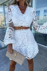 Hnewly - Casual Celebrities Solid Hollowed Out V Neck Long Sleeve Two Pieces White / S