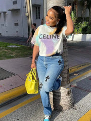 Hnewly Casual Cross Printed Baggy Jeans Women Low Waist Vintage Straight Denim Trousers Cyber Y2K