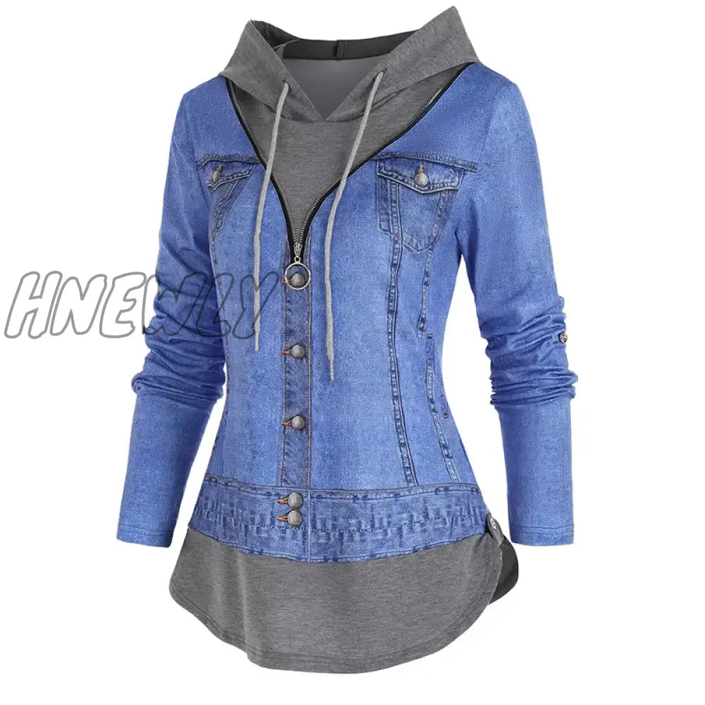 Hnewly Casual Denim Jacket 3D Print O Ring Zipper Hooded Faux Twinset T Shirt Women False Two Piece