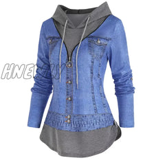 Hnewly Casual Denim Jacket 3D Print O Ring Zipper Hooded Faux Twinset T Shirt Women False Two Piece