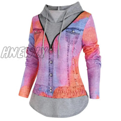 Hnewly Casual Denim Jacket 3D Print O Ring Zipper Hooded Faux Twinset T Shirt Women False Two Piece