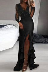 Hnewly - Casual Elegant Patchwork Sequined V Neck Irregular Dress Dresses Black / S Dresses/Vintage