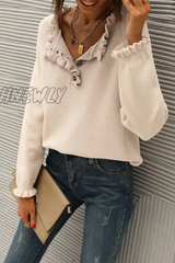 Hnewly - Casual Elegant Solid Buttons V Neck Sweaters(4 Colors) Apricot / S Tops/Sweaters &