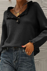 Hnewly - Casual Elegant Solid Buttons V Neck Sweaters(4 Colors) Black / S Tops/Sweaters & Cardigans