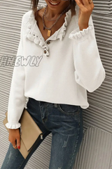 Hnewly - Casual Elegant Solid Buttons V Neck Sweaters(4 Colors) White / S Tops/Sweaters & Cardigans