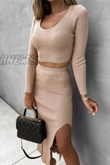Hnewly - Casual Elegant Solid Slit U Neck Long Sleeve Two Pieces(4 Colors) Apricot / S
