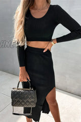 Hnewly - Casual Elegant Solid Slit U Neck Long Sleeve Two Pieces(4 Colors) Black / S