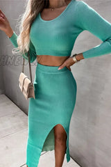 Hnewly - Casual Elegant Solid Slit U Neck Long Sleeve Two Pieces(4 Colors) Lake Blue / S