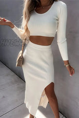 Hnewly - Casual Elegant Solid Slit U Neck Long Sleeve Two Pieces(4 Colors) White / S