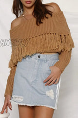 Hnewly - Casual Elegant Solid Tassel Split Joint Off The Shoulder Tops Camel / S Tops/Sweaters &