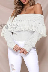 Hnewly - Casual Elegant Solid Tassel Split Joint Off The Shoulder Tops White / S Tops/Sweaters &