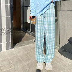 Hnewly Casual Pants Women Cute Japanese Sweet Lovely Kawaii High-Waist Pink Elastic Straight Plaid