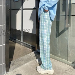 Hnewly Casual Pants Women Cute Japanese Sweet Lovely Kawaii High-Waist Pink Elastic Straight Plaid
