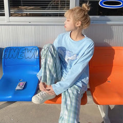 Hnewly Casual Pants Women Cute Japanese Sweet Lovely Kawaii High-Waist Pink Elastic Straight Plaid