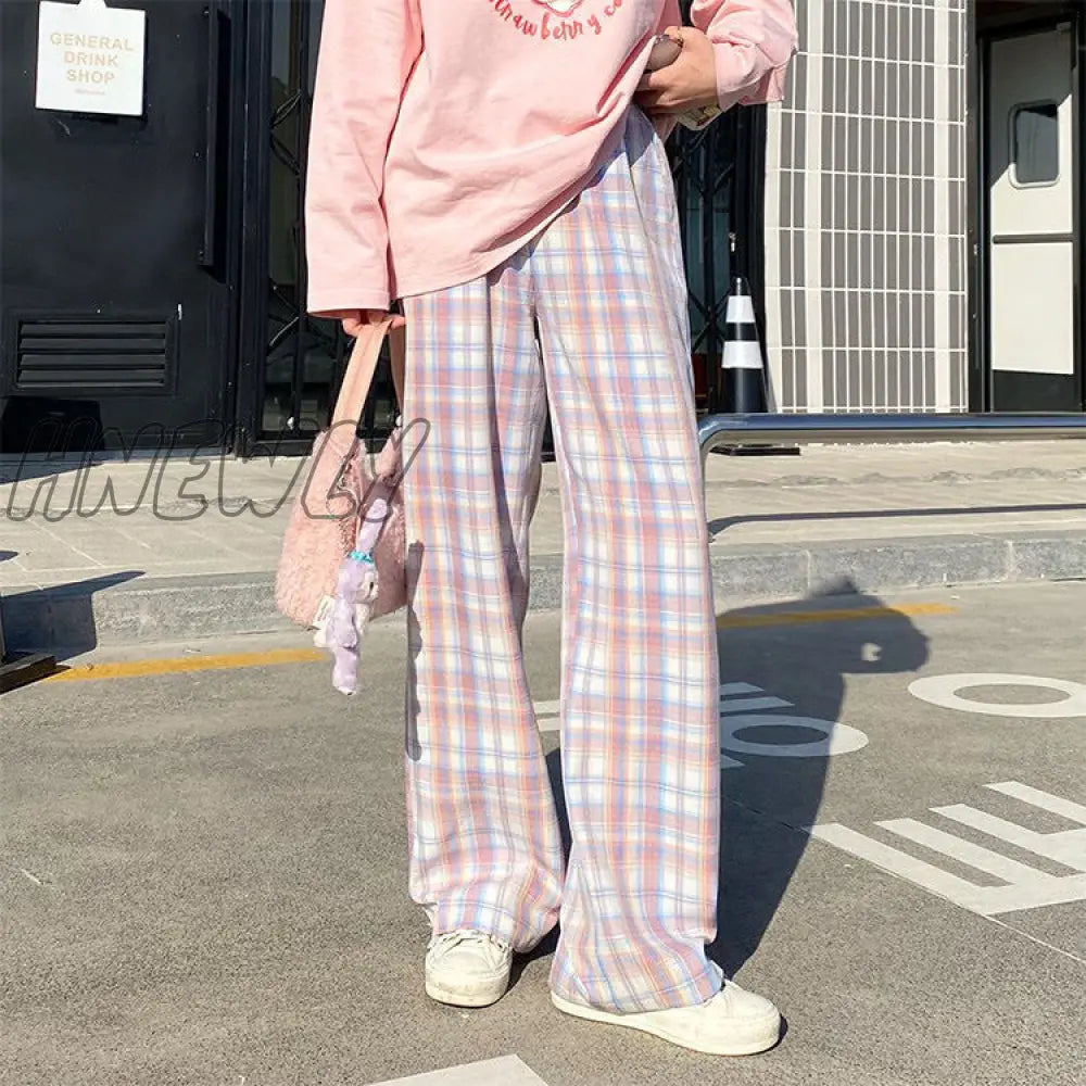 Hnewly Casual Pants Women Cute Japanese Sweet Lovely Kawaii High-Waist Pink Elastic Straight Plaid