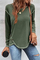 Hnewly - Casual Patchwork Buttons O Neck Tops(9 Colors) Army Green / S Tops/Long Sleeve Tops