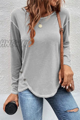 Hnewly - Casual Patchwork Buttons O Neck Tops(9 Colors) Light Gray / S Tops/Long Sleeve Tops