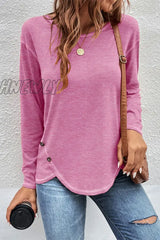 Hnewly - Casual Patchwork Buttons O Neck Tops(9 Colors) Pink / S Tops/Long Sleeve Tops
