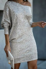 Hnewly - Casual Patchwork Sequins One Shoulder Pencil Skirt Dresses White / S Dresses/Casual