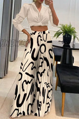 Hnewly - Casual Print Patchwork Turndown Collar Long Sleeve Two Pieces(2 Colors) Black / S