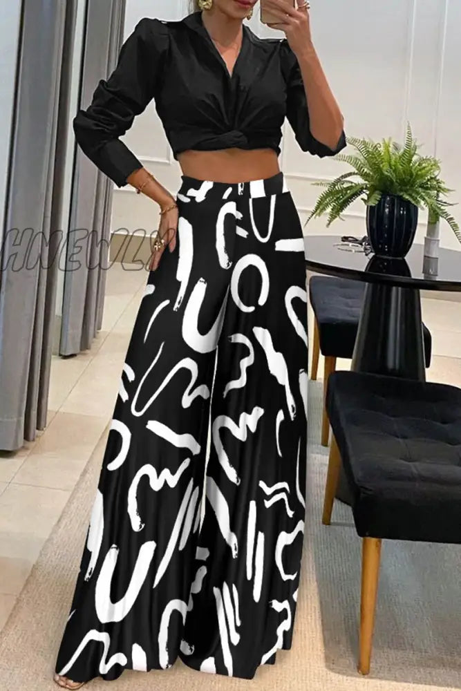 Hnewly - Casual Print Patchwork Turndown Collar Long Sleeve Two Pieces(2 Colors) White / S