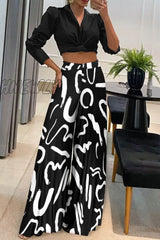 Hnewly - Casual Print Patchwork Turndown Collar Long Sleeve Two Pieces(2 Colors) White / S