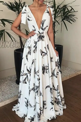 Hnewly - Casual Print Patchwork V Neck Cake Skirt Dresses White / S Dresses/Casual