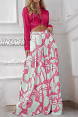 Hnewly - Casual Print Patchwork V Neck Long Sleeve Two Pieces(7 Colors) Burgundy / Xs