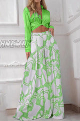 Hnewly - Casual Print Patchwork V Neck Long Sleeve Two Pieces(7 Colors) Green / Xs Pieces/Two-Piece