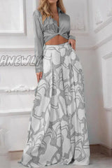 Hnewly - Casual Print Patchwork V Neck Long Sleeve Two Pieces(7 Colors) Grey / Xs Pieces/Two-Piece