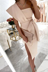 Hnewly - Casual Print Split Joint One Shoulder Pencil Skirt Dresses(4 Colors) Apricot / S