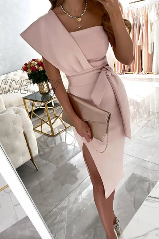 Hnewly - Casual Print Split Joint One Shoulder Pencil Skirt Dresses(4 Colors) Pink / S