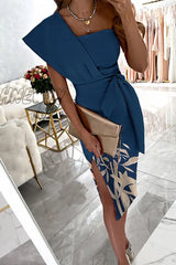 Hnewly - Casual Print Split Joint One Shoulder Pencil Skirt Dresses(4 Colors) Tibetan Blue / S