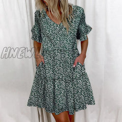 Hnewly Casual Ruffles Loose V-Neck Dress Women Summer Short Sleeve Floral Print Woman Fashion White