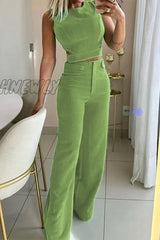 Hnewly - Casual Simplicity Solid Buttons O Neck Sleeveless Two Pieces Green / S Pieces/Two-Piece